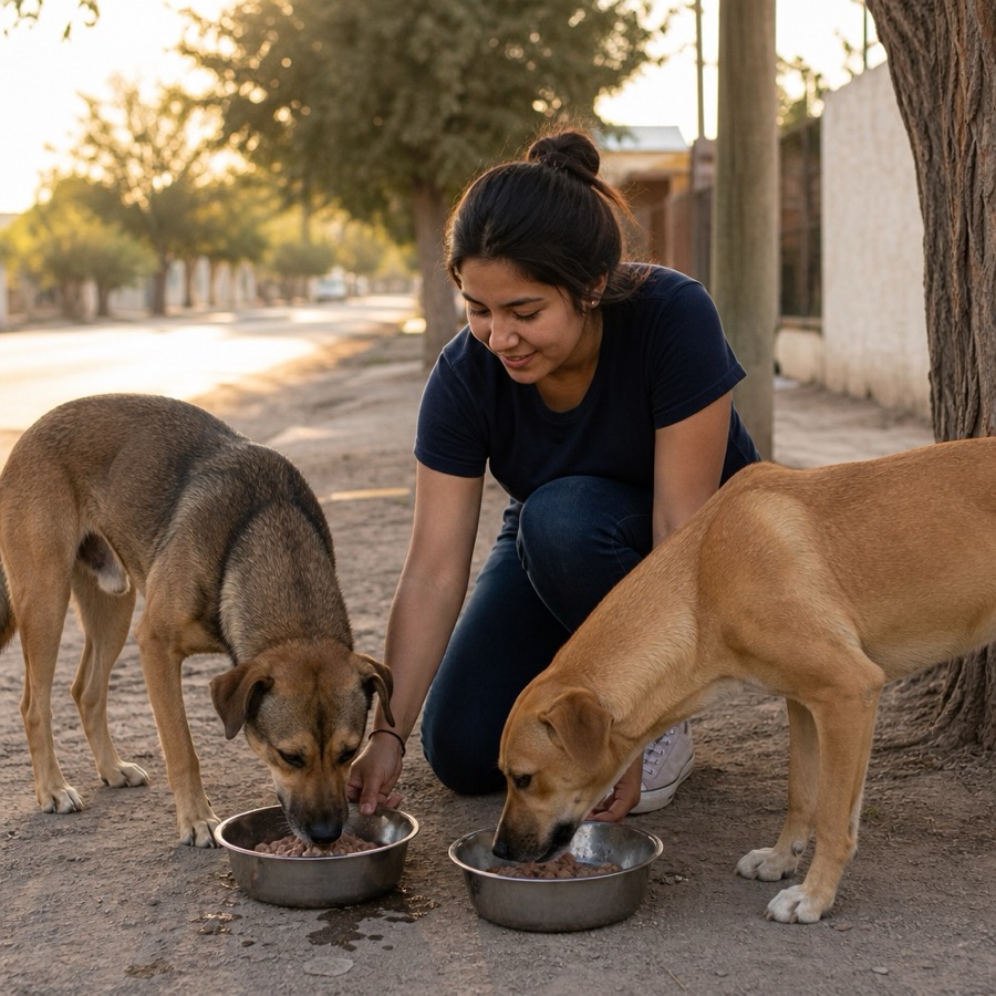 Rescatista alimentando perros de la calle